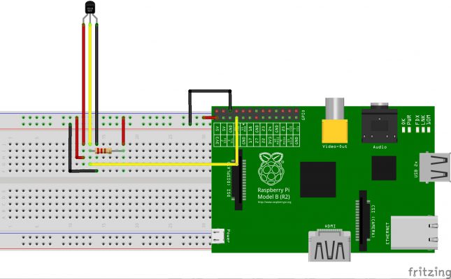 Esquema de montaje del sensor DS18B20 con un Raspberry Pi